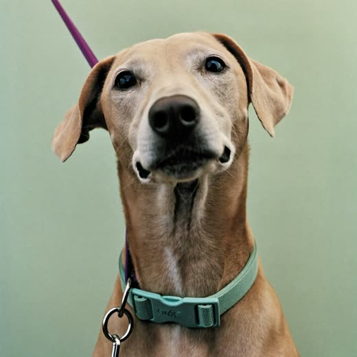 A dog in a plain collar and lead, ready for a walk