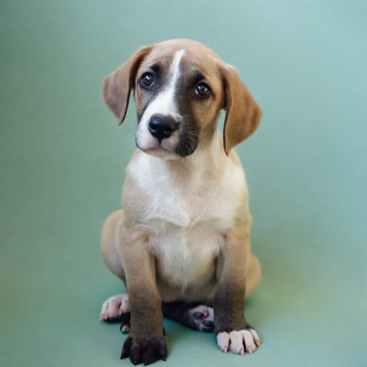 A puppy sitting and looking at the camera